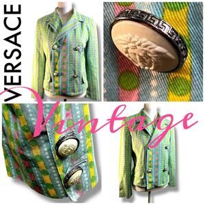 VERSACE Vintage Mint Pink Yellow and White Blazer with Maduza Buttons SZ 40
